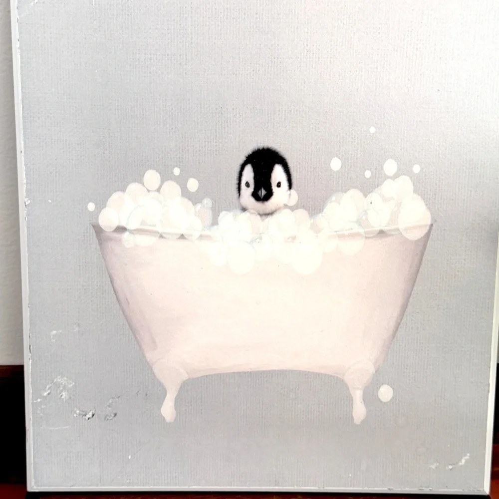 Baby Penguin in Bath Wood Wall Plaque Wall Hanging Animal Art Bathroom 12.5x18.5